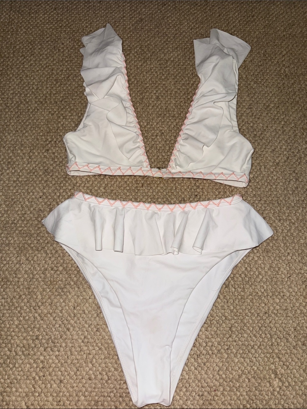 Tularosa White Ruffle Bikini with Pink Stitching